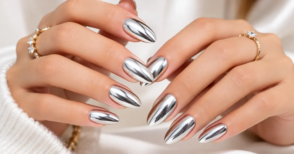 10 Stunning Reflective Nails Ideas That Shine in Every Light 3 Reflective Nails Ideas with classic silver chrome mirror nails shining in bright daylight.