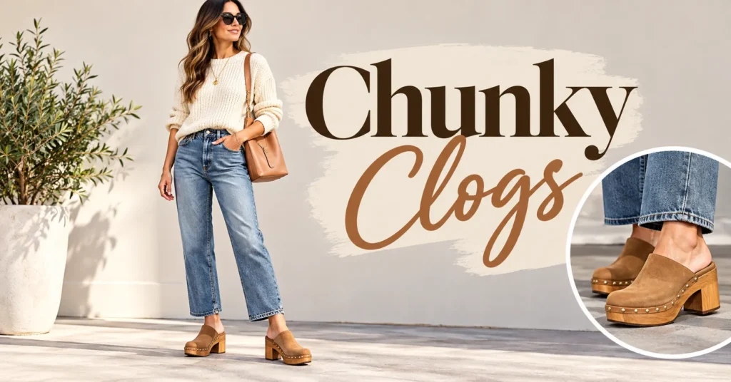 Chunky Clogs styled with straight-leg jeans and a cream sweater