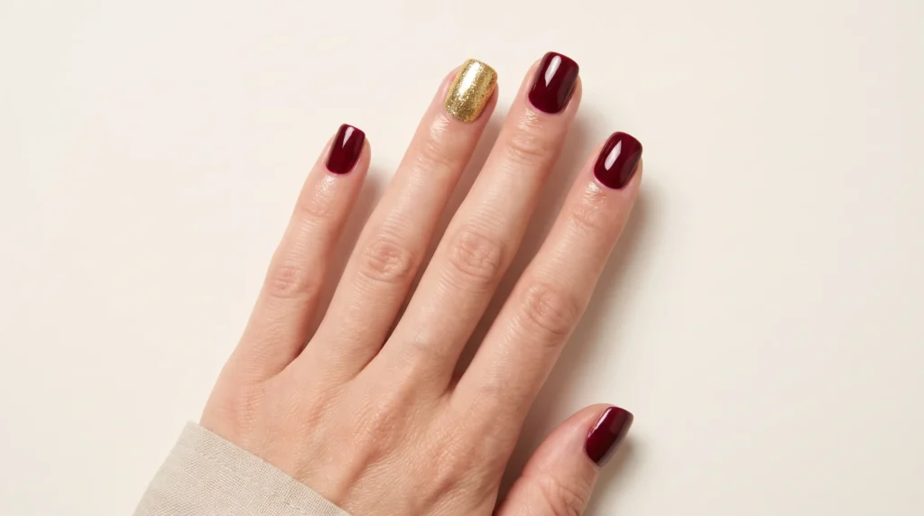 Burgundy and Gold Nails: 10 Luxurious Ideas, Shades & Pro Tips for a Rich Manicure 3 Classic burgundy and gold nails featuring a solid shimmering gold accent nail on the ring finger in daylight.