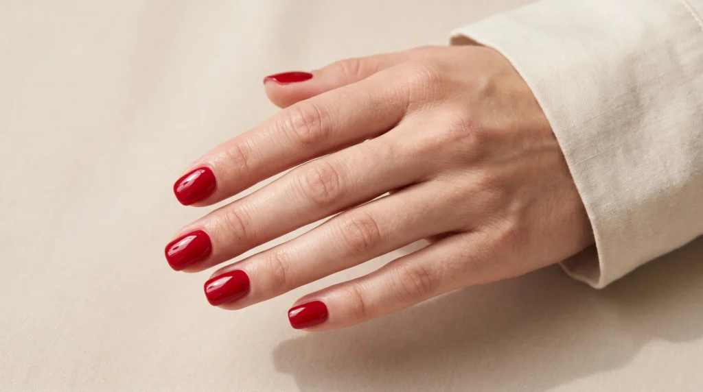 Cherry Red Nails: 10 Stunning Ideas, Shades & Pro Tips for a Flawless Manicure 3 Classic glossy cherry red nails with a high-shine gel finish on short squoval nails.