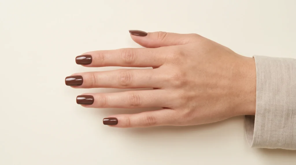 Cocoa Nail Color: 10 Gorgeous Ideas, Shades & Pro Tips for a Luxe Manicure 3 Classic glossy cocoa nail color on short squoval nails in bright daylight.