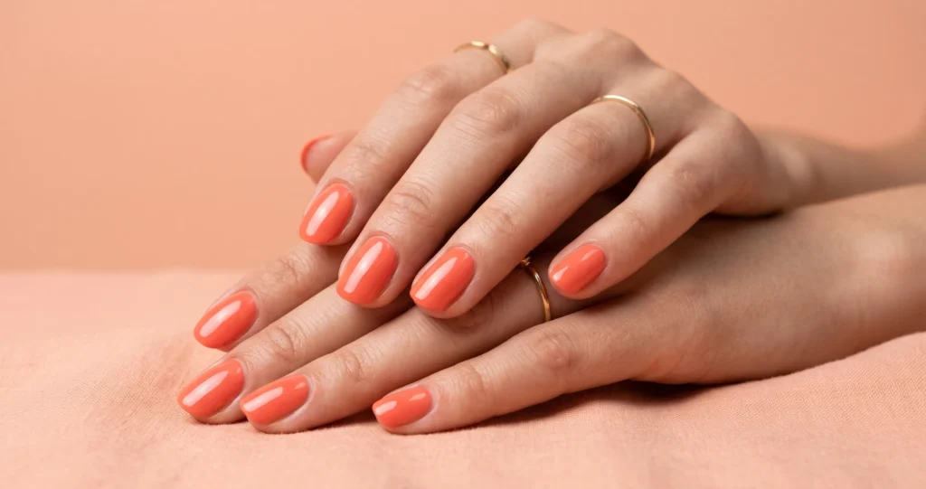 Classic glossy coral nails with a high-shine finish captured in daylight.