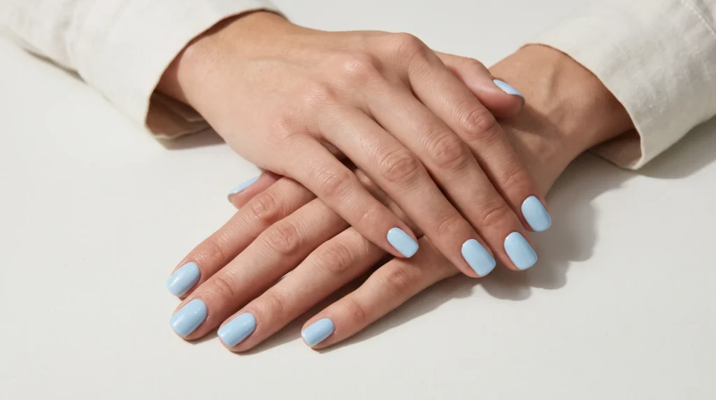 Icy Blue Nails: 10 Stunning Ideas, Shades & Pro Tips for a Frosty Manicure 3 Classic glossy icy blue nails on short squoval shaped hands in bright lighting.