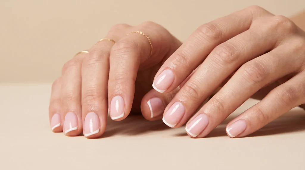Pale Pink Nails: 10 Soft, Polished Ideas for Every Occasion 4 Classic pale pink French tip nails with crisp micro white tips under soft daylight.