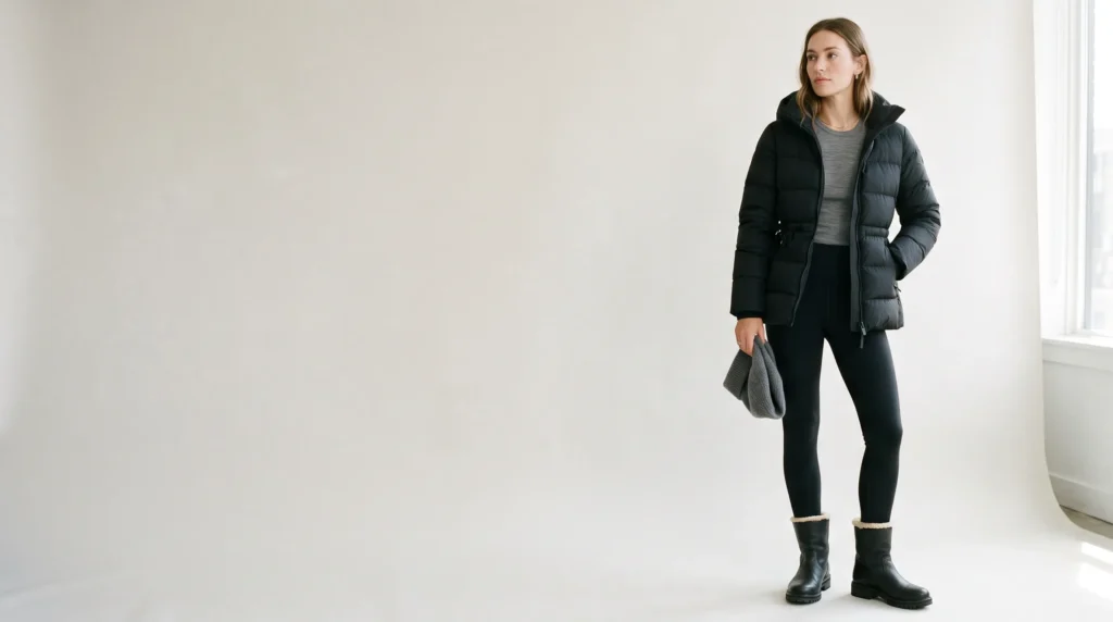 Luxury Winter Clothes for Women: Fabrics, Brands, and 10 Elegant Outfits 6 Cold weather luxury winter clothes for women featuring a tailored black down puffer jacket and merino base layer.