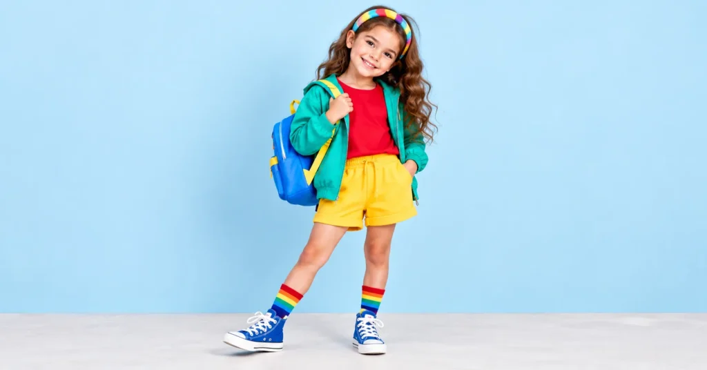 10 Creative Toca Boca Outfit Ideas Kids Will Love 4 Toca Boca outfit ideas featuring a rainbow color-block outfit with a red top, yellow shorts, and blue sneakers.