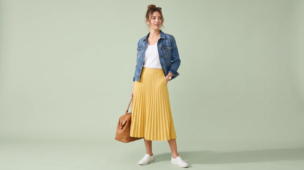 The Complete Yellow Skirt Guide: 12 Stunning Outfit Ideas and Styling Rules 14 Comfortable travel yellow skirt outfit idea with a pleated yellow skirt, denim jacket, and white sneakers.