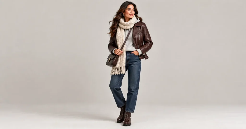 Women Winter Wear Jackets: 10 Stunning Outfit Ideas for Warmth and Style 12 Women Winter Wear Jackets styled with a brown leather moto jacket, gray hoodie, and dark denim jeans.