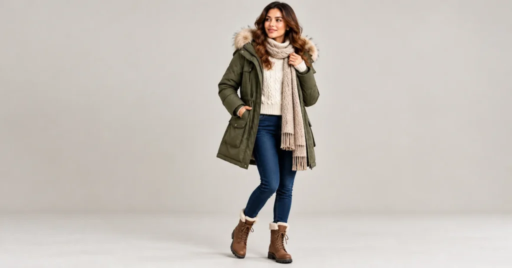 Women Winter Wear Jackets: 10 Stunning Outfit Ideas for Warmth and Style 5 Women Winter Wear Jackets styled with an olive parka, chunky knit sweater, skinny jeans, and winter boots.