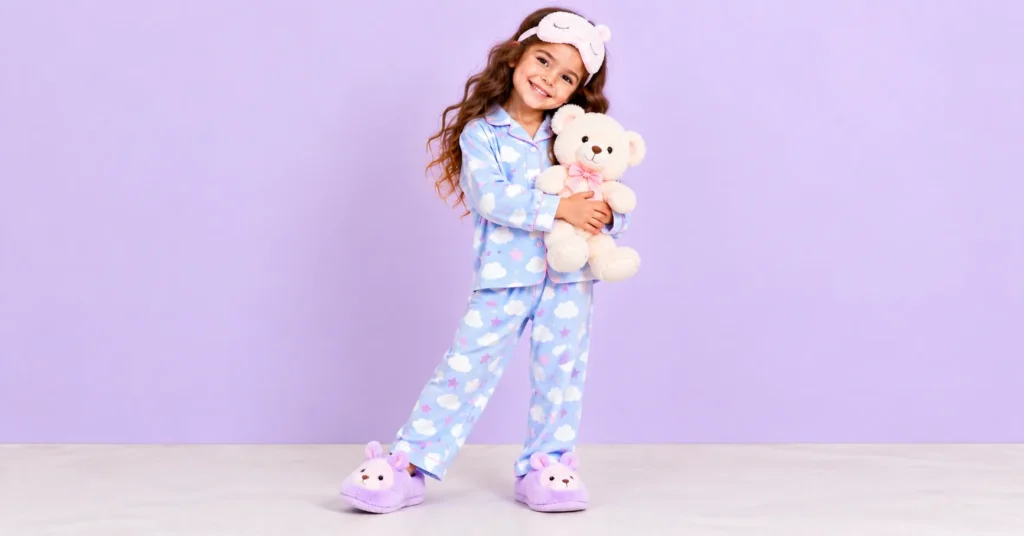 10 Creative Toca Boca Outfit Ideas Kids Will Love 8 Toca Boca outfit ideas featuring a pastel cloud-print pajama set, fuzzy slippers, and a plush teddy bear.