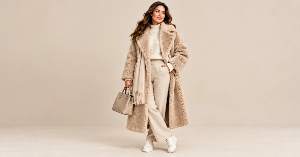 Women Winter Wear Jackets: 10 Stunning Outfit Ideas for Warmth and Style 7 Women Winter Wear Jackets featuring an oatmeal teddy coat with a matching monochrome knit outfit.