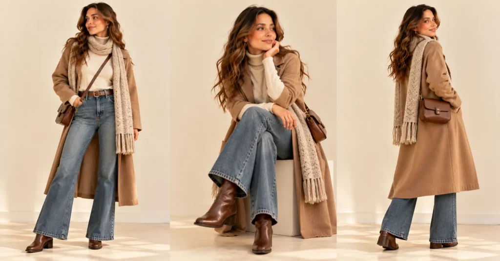 Lizzy McAlpine Concert Outfit Guide: 10 Effortless Looks You'll Love 12 Lizzy McAlpine Concert Outfit Ideas featuring a cream turtleneck, camel wool coat, flared jeans, and knee high boots.