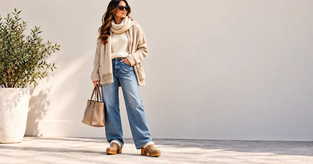 10 Stunning Chunky Clogs Looks That Instantly Elevate Every Outfit 7 Chunky Clogs with shearling lining, wide-leg jeans and cozy knitwear