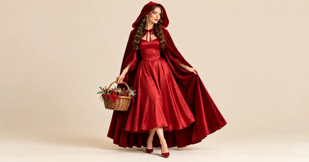 Little Red Riding Hood Costume Women Love: 10 Stunning Looks 8 The Glam Evening Version: Little Red Riding Hood Costume Women styled in a red satin midi gown, luxurious crimson velvet hooded cloak, statement earrings, and elegant pumps.