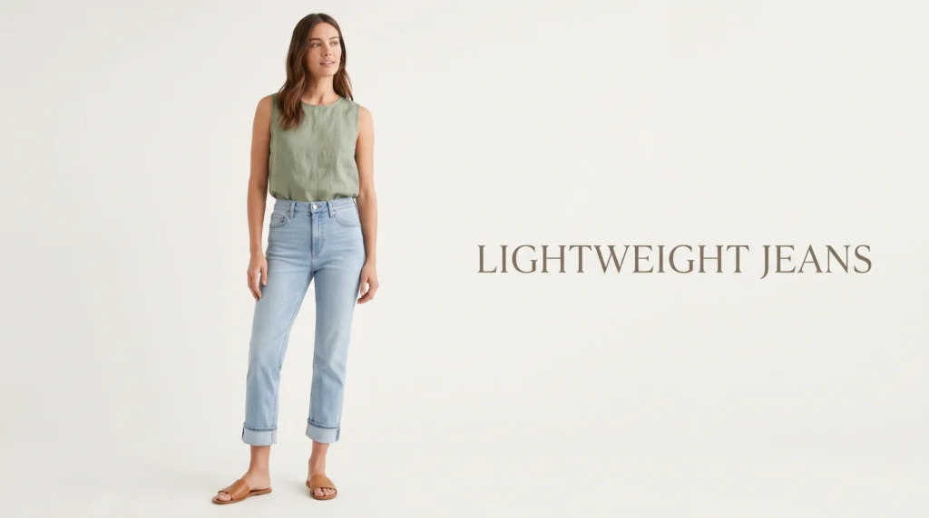Cropped ankle lightweight jeans styled with leather sandals and a linen blouse.