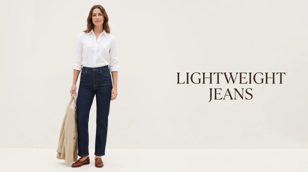 Dark rinse straight leg lightweight jeans worn with a crisp linen shirt for work.