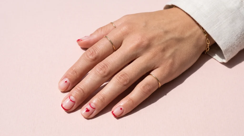 Cherry Red Nails: 10 Stunning Ideas, Shades & Pro Tips for a Flawless Manicure 11 Delicate cherry red hearts and negative space manicure on a bare glossy base.