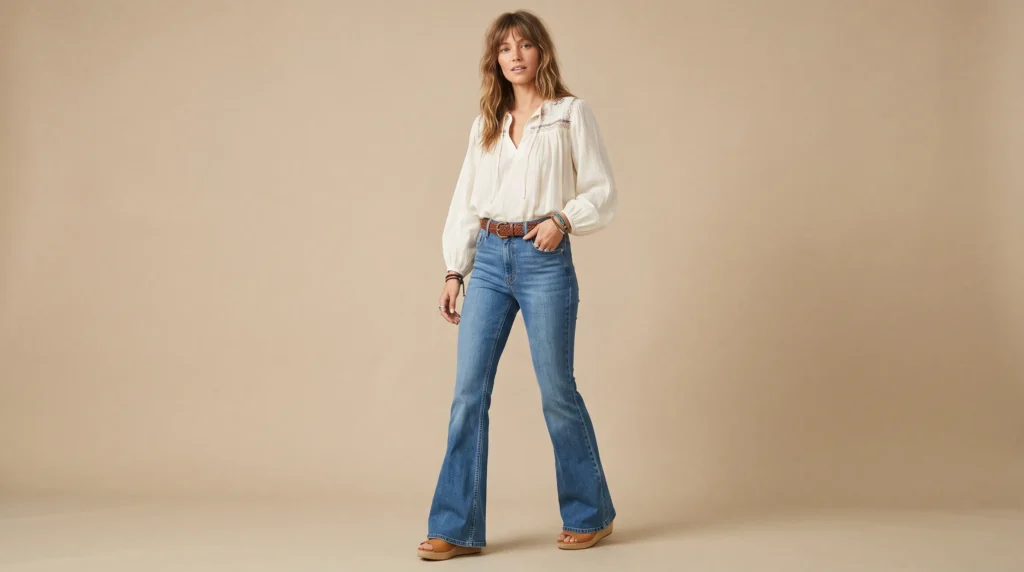 12 Iconic 60's Outfits for Ladies: Mod, Retro, and Vintage Looks to Recreate 13 Denim bell-bottom trousers and peasant blouse showcasing bohemian 60's outfits for ladies.
