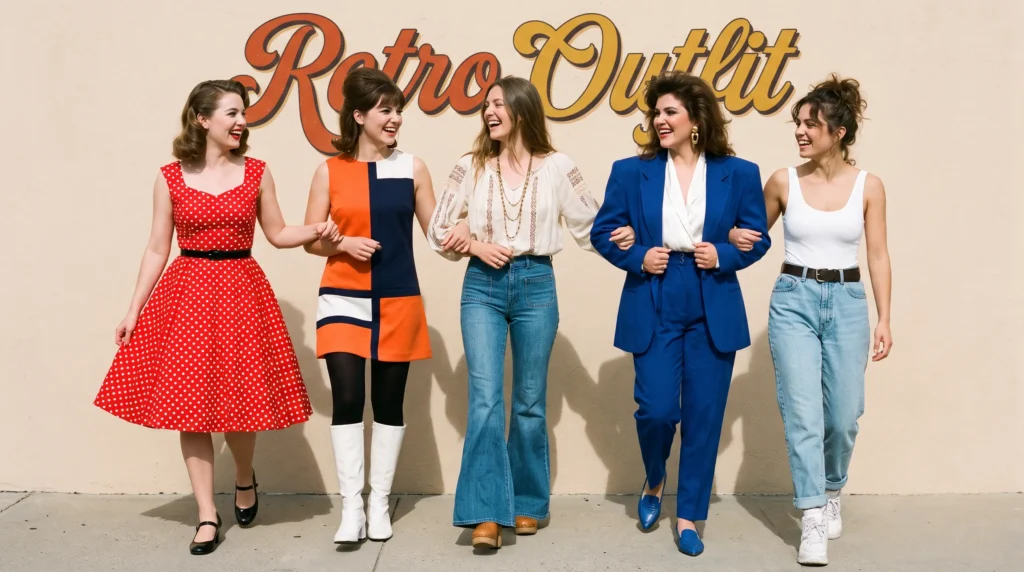 Diverse women wearing retro fashion 50s to 90s vintage looks in front of a plain background.