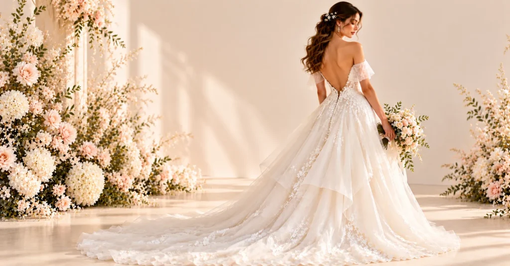 Backless and Open Back Wedding Dresses featuring a romantic off-the-shoulder deep U-back tulle gown.