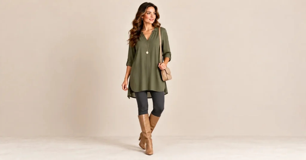 10 Flattering Short Torso Outfits That Balance Your Proportions Instantly 9 Short Torso Outfits featuring an olive-green mid-thigh tunic with slim charcoal trousers and knee high boots.