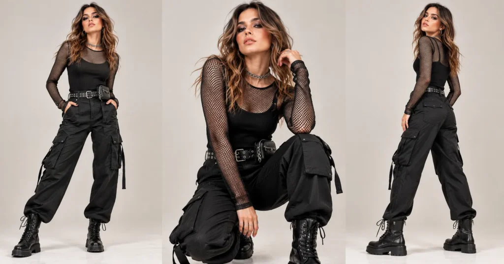 12 Best MGK Concert Outfit Ideas for a Bold Rockstar Look 7 MGK Concert Outfit Ideas featuring a black long-sleeve mesh top layered over an opaque camisole with cargo trousers and combat boots.