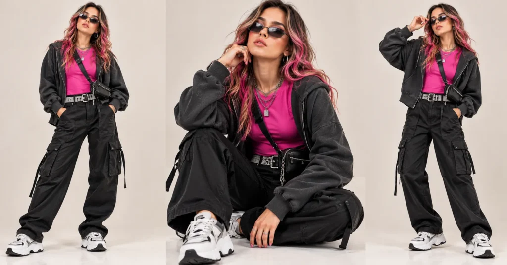 12 Best MGK Concert Outfit Ideas for a Bold Rockstar Look 6 MGK Concert Outfit Ideas featuring black cargo trousers, an oversized hoodie, a hot-pink top, chunky sneakers, and silver glam accessories.