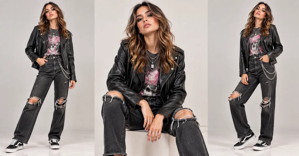 12 Best MGK Concert Outfit Ideas for a Bold Rockstar Look 5 MGK Concert Outfit Ideas featuring a vintage style band T-shirt, black faux-leather moto jacket, distressed jeans, and skate sneakers.