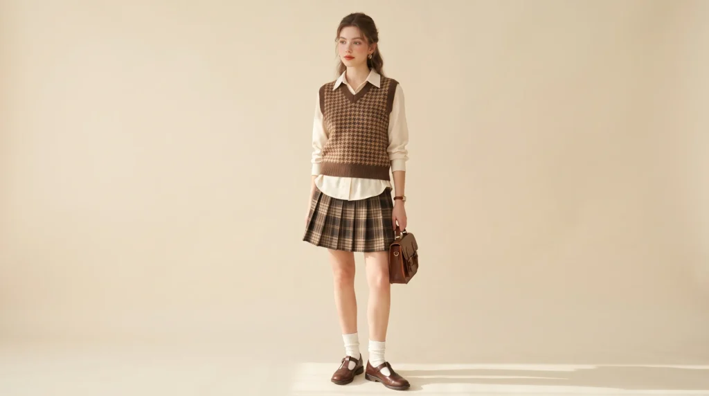 Vintage preppy Euphoria outfits with Lexi's collared blouse, houndstooth sweater vest, and plaid skirt.