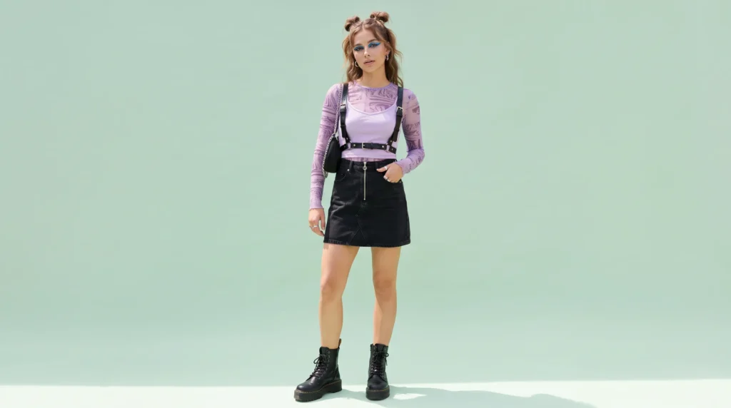 Edgy festival Euphoria outfits featuring a sheer printed mesh top, fashion harness, and platform boots.