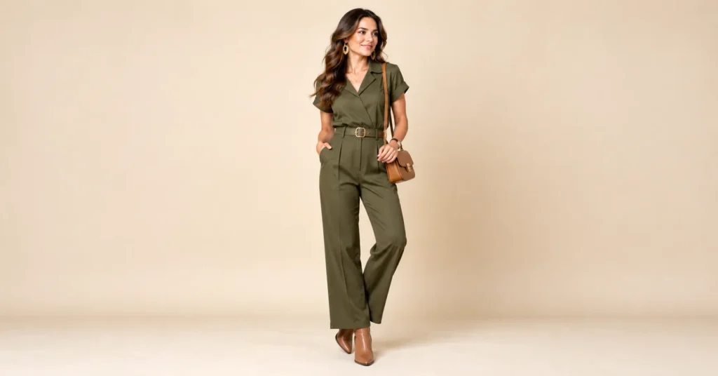 10 Effortless Comedy Show Outfit Ideas That Look Great and Feel Comfortable 7 Comedy Show Outfit Ideas featuring an olive green jumpsuit, statement gold earrings, a tan crossbody bag, and ankle boots.