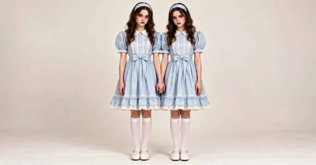 Shining Twins-inspired haunted house outfit with matching powder-blue dresses, white socks, and Mary Jane shoes.
