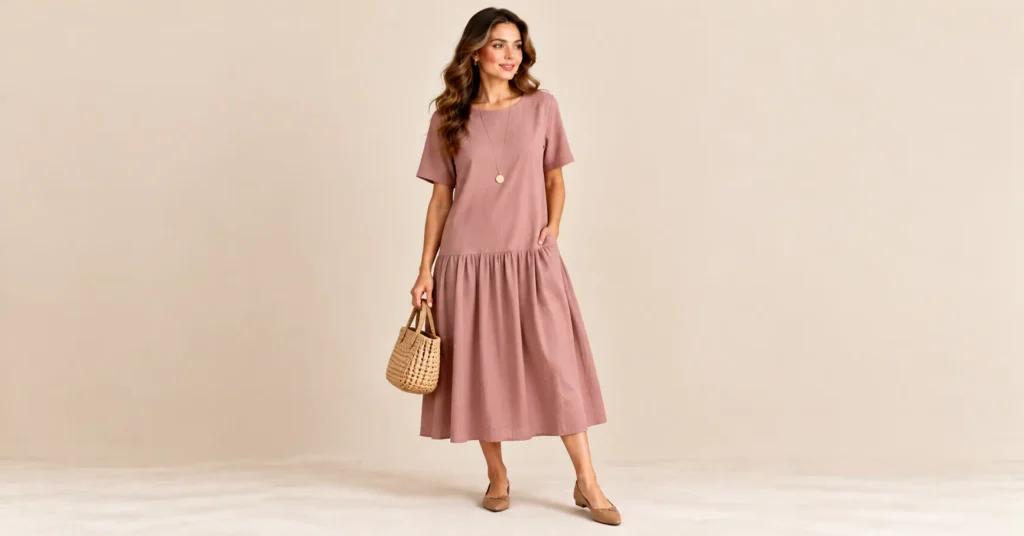 10 Flattering Short Torso Outfits That Balance Your Proportions Instantly 6 Short Torso Outfits featuring a dusty rose drop waist midi dress with a low hip seam.