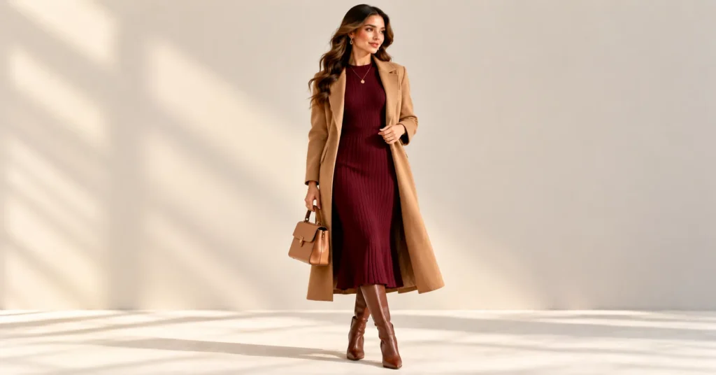 What to Wear to a Bridal Shower as a Guest: 10 Stunning Outfit Ideas for Every Style 12 What to Wear to a Bridal Shower as a Guest featuring a burgundy knit midi dress and camel coat