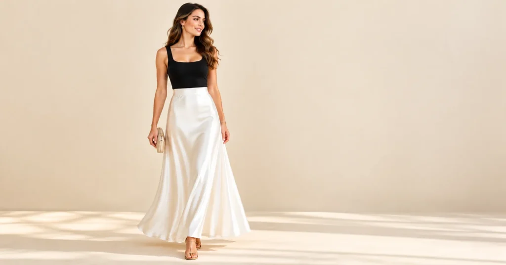 White Maxi Skirts: Fabrics, Fits, and 10 Effortless Outfit Formulas 7 White maxi skirts styled with a black square-neck top, gold hoops, and elegant heeled sandals for date night.