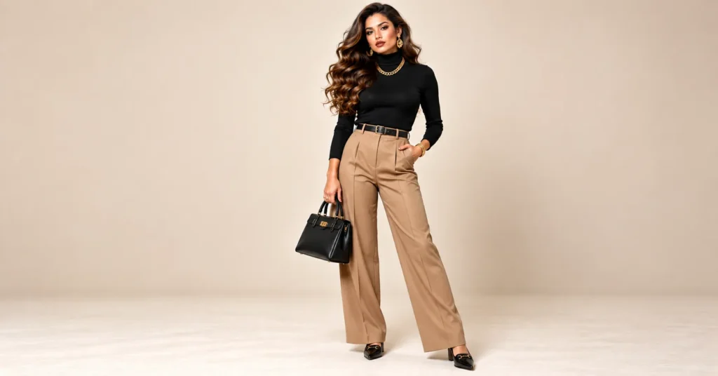 10 Stunning Mob Wife Outfit Ideas for a Bold, Glamorous Wardrobe 9 Mob Wife Outfit Ideas featuring a black turtleneck, camel tailored trousers, chunky gold chain, and structured handbag.