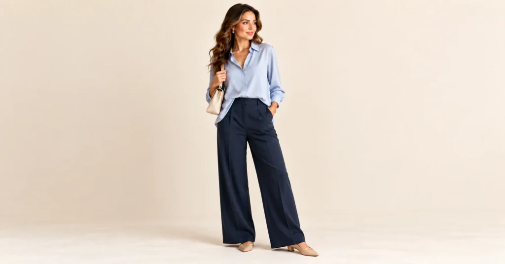 10 Flattering Short Torso Outfits That Balance Your Proportions Instantly 7 Short Torso Outfits featuring navy wide leg trousers and a pale-blue half tucked blouse.