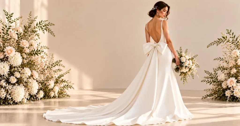 Backless and Open Back Wedding Dresses featuring a minimalist crepe gown with an oversized bow back.