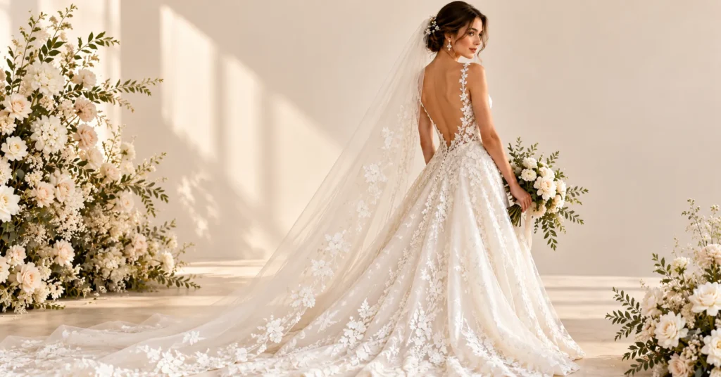 Backless and Open Back Wedding Dresses with a romantic scalloped lace open-back bridal gown.