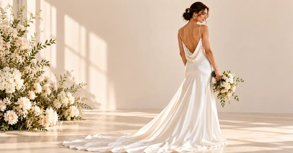 Backless and Open Back Wedding Dresses featuring a minimalist cowl-back silk slip gown.