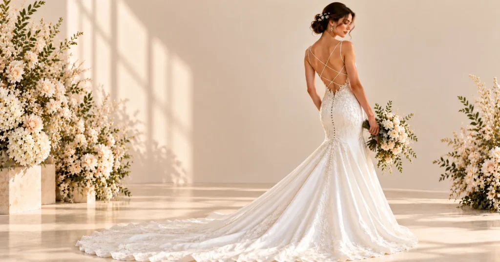 Backless and Open Back Wedding Dresses featuring a glamorous crisscross-strap mermaid bridal gown.