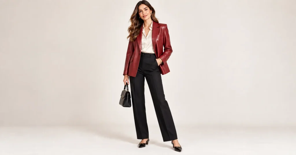10 Stunning Red Leather Jackets That Make a Bold Fashion Statement 8 Red Leather Jackets oxblood blazer styled with a silk blouse and tailored trousers