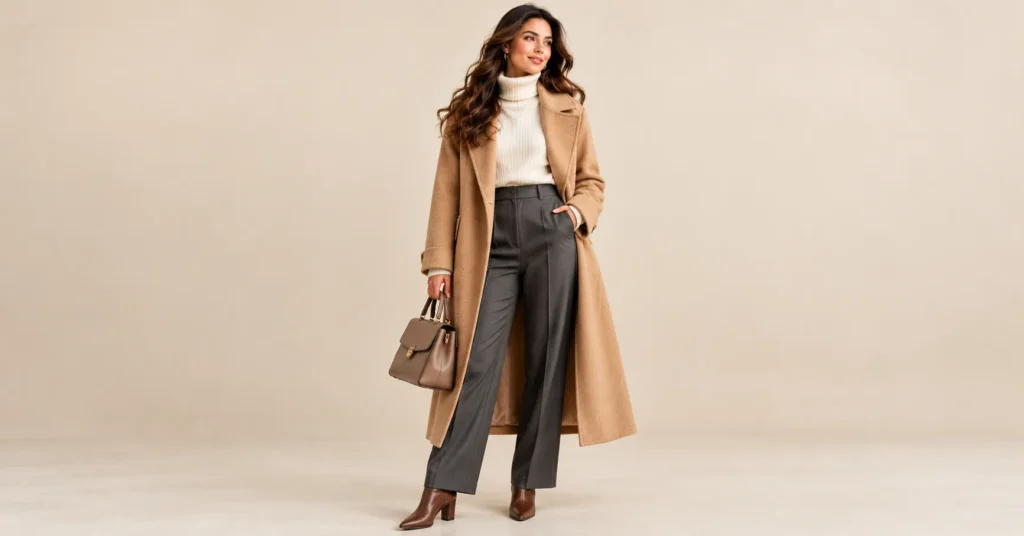 Women Winter Wear Jackets: 10 Stunning Outfit Ideas for Warmth and Style 4 Women Winter Wear Jackets featuring a classic camel wool coat with a cream turtleneck and tailored trousers.