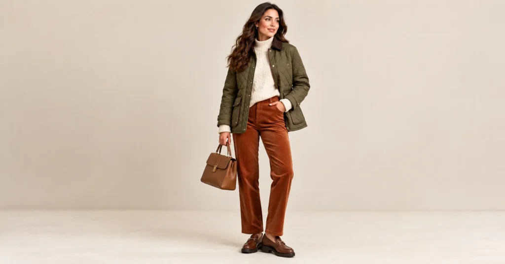 Women Winter Wear Jackets: 10 Stunning Outfit Ideas for Warmth and Style 10 Women Winter Wear Jackets styled with an olive quilted jacket, cable knit sweater, and corduroy pants.