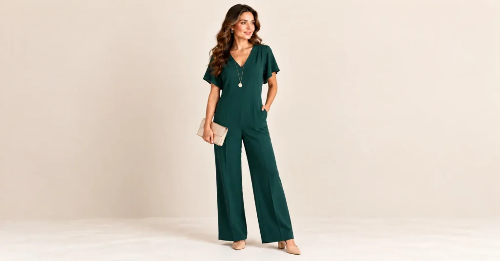 10 Flattering Short Torso Outfits That Balance Your Proportions Instantly 11 Short Torso Outfits featuring a deep emerald column jumpsuit with a modest V-neck and no defined waist.