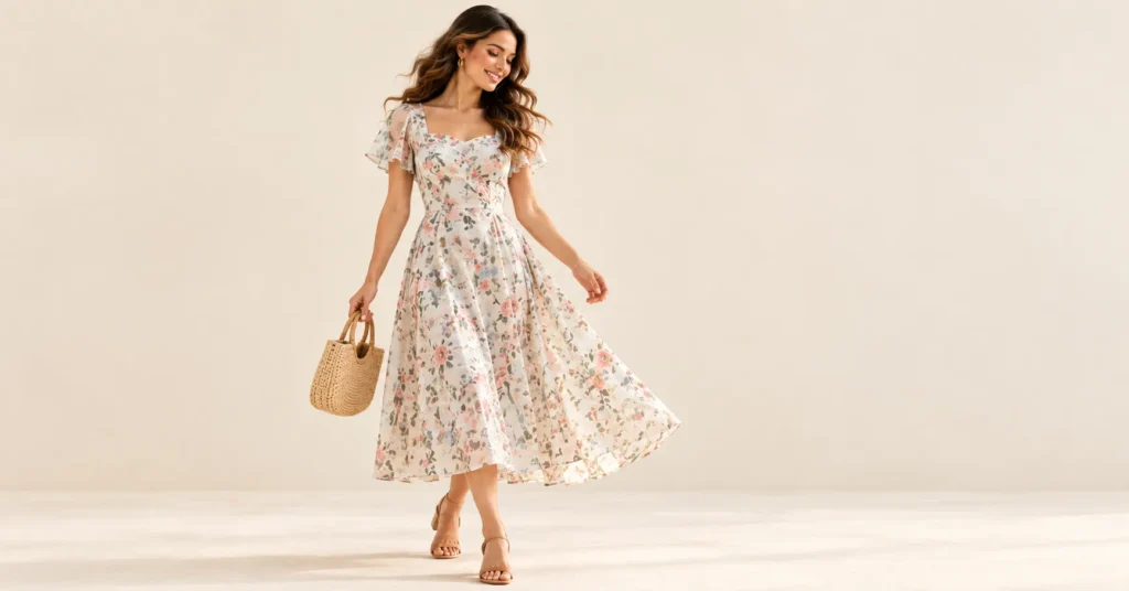 10 Stunning A-Line Dress Ideas: Flattering Outfits for Every Occasion 5 Pastel floral A-line midi dress with tan sandals for spring and summer.