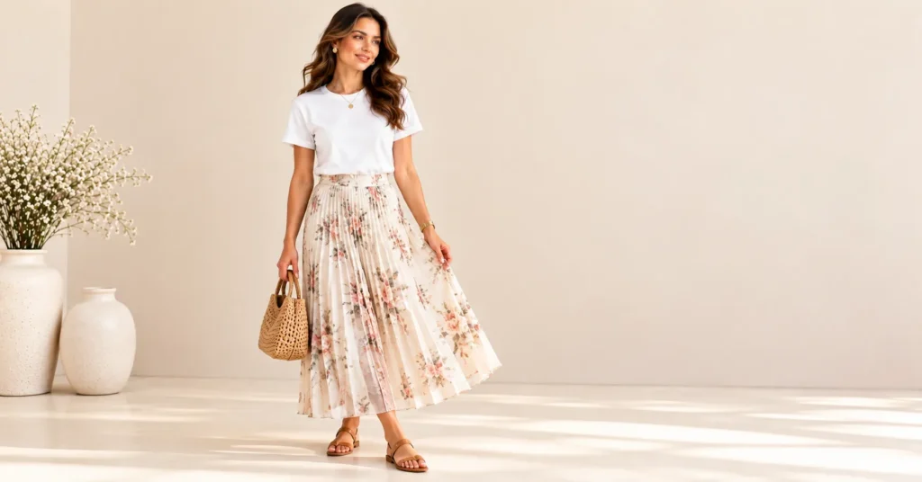 White t-shirt for women tucked into a pastel floral pleated midi skirt with tan sandals.