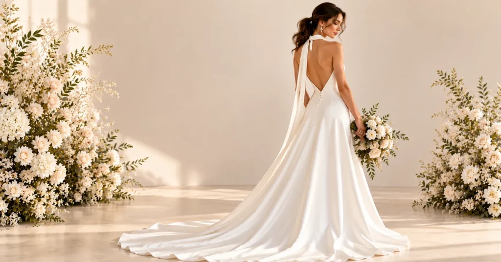 Backless and Open Back Wedding Dresses featuring an elegant halter-neck open-back bridal gown.