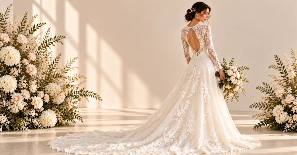 Backless and Open Back Wedding Dresses featuring an elegant long-sleeve keyhole-back wedding gown.