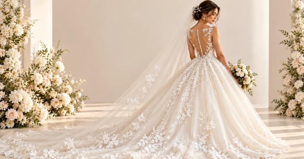 Backless and Open Back Wedding Dresses featuring an elegant illusion-back ivory ball gown.